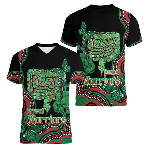 Australia Bowel Cancer Awareness Month Women V-Neck T-Shirt Boxing Gloves Warriors Aboriginal Art