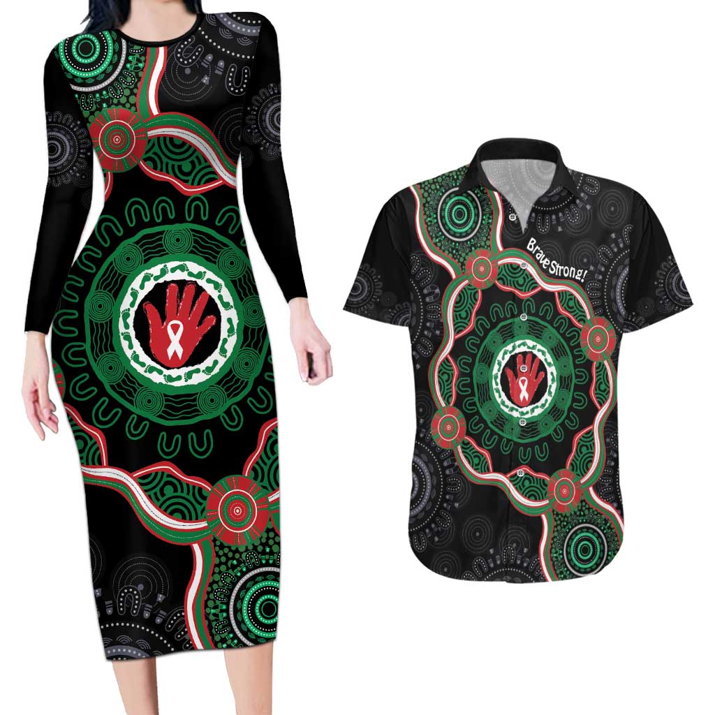Australia Bowel Cancer Awareness Month Couples Matching Long Sleeve Bodycon Dress and Hawaiian Shirt Brave Strong Aboriginal Art