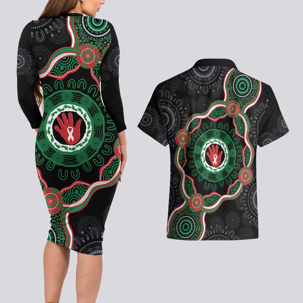Australia Bowel Cancer Awareness Month Couples Matching Long Sleeve Bodycon Dress and Hawaiian Shirt Brave Strong Aboriginal Art