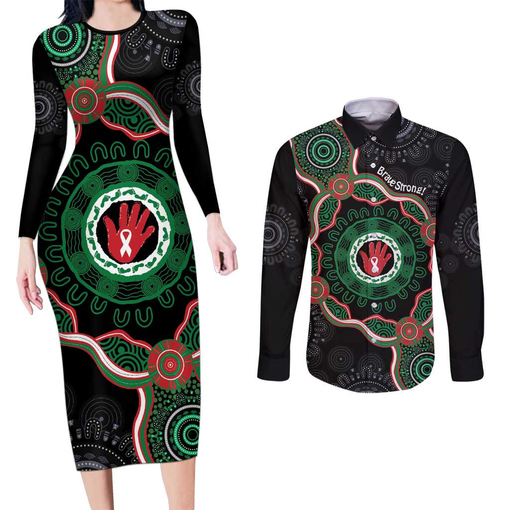 Australia Bowel Cancer Awareness Month Couples Matching Long Sleeve Bodycon Dress and Long Sleeve Button Shirt Brave Strong Aboriginal Art