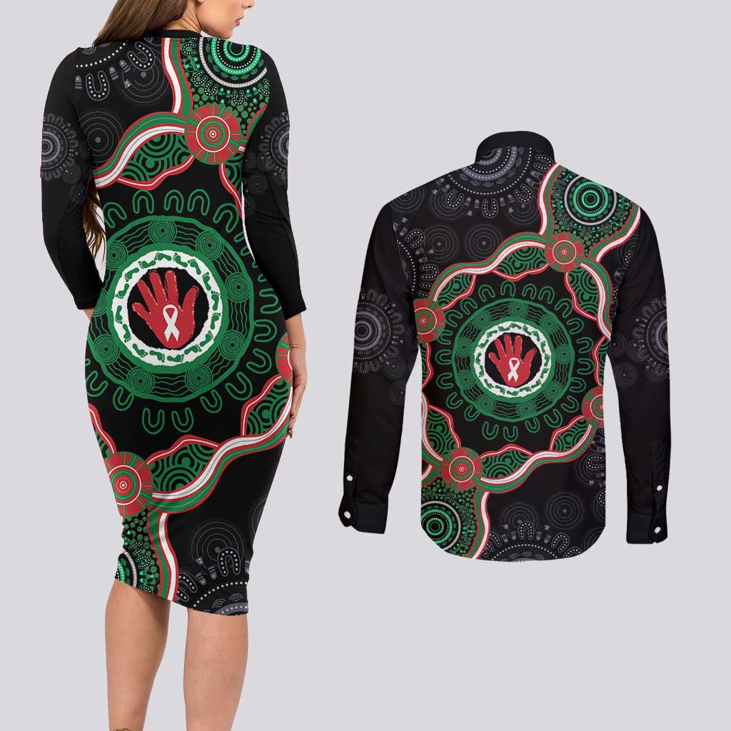 Australia Bowel Cancer Awareness Month Couples Matching Long Sleeve Bodycon Dress and Long Sleeve Button Shirt Brave Strong Aboriginal Art