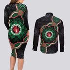 Australia Bowel Cancer Awareness Month Couples Matching Long Sleeve Bodycon Dress and Long Sleeve Button Shirt Brave Strong Aboriginal Art