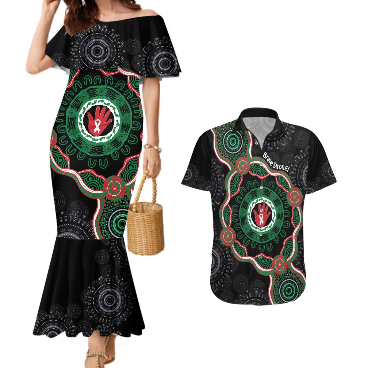 Australia Bowel Cancer Awareness Month Couples Matching Mermaid Dress and Hawaiian Shirt Brave Strong Aboriginal Art
