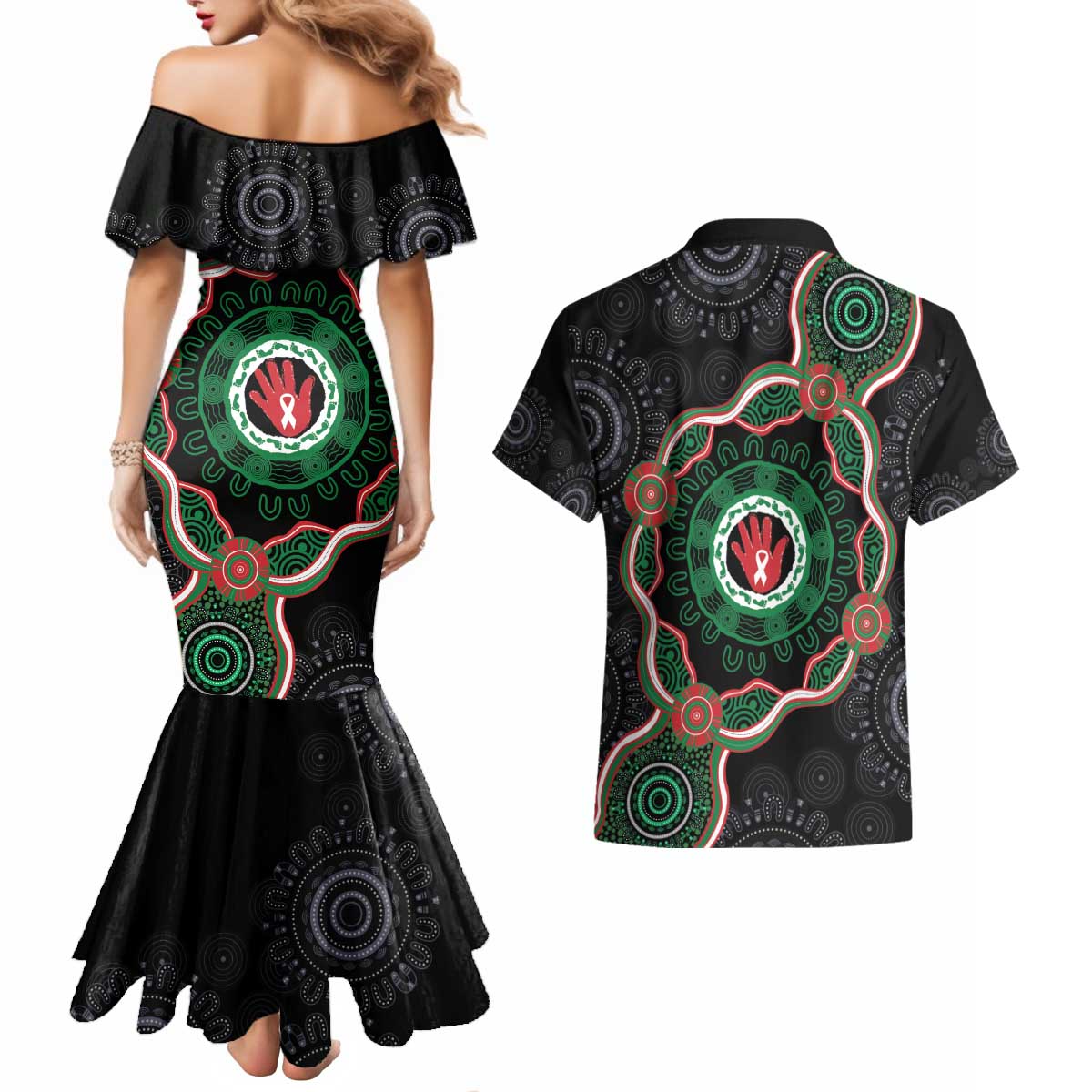 Australia Bowel Cancer Awareness Month Couples Matching Mermaid Dress and Hawaiian Shirt Brave Strong Aboriginal Art