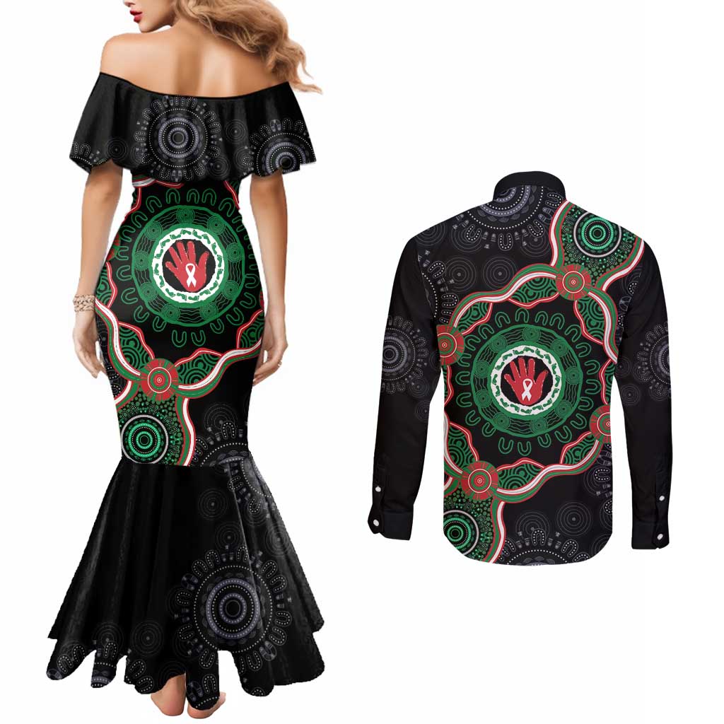Australia Bowel Cancer Awareness Month Couples Matching Mermaid Dress and Long Sleeve Button Shirt Brave Strong Aboriginal Art