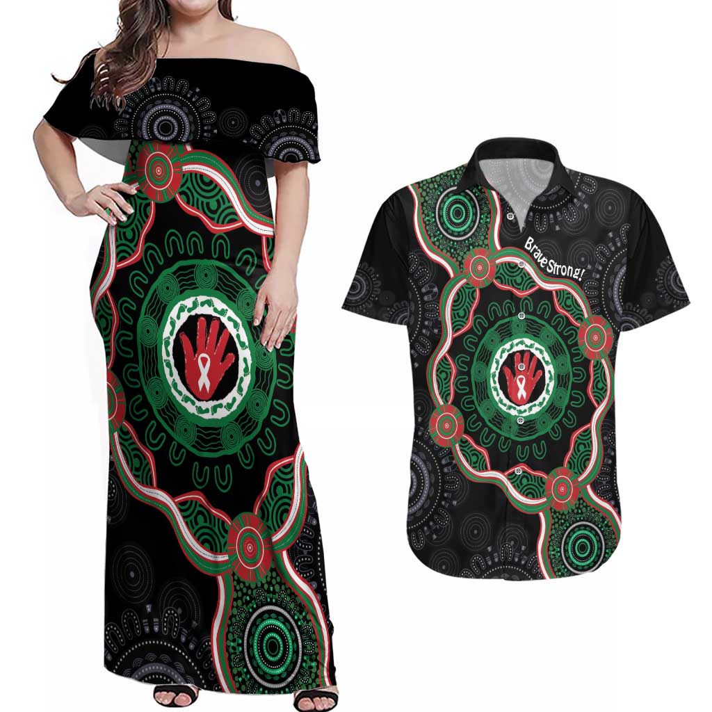 Australia Bowel Cancer Awareness Month Couples Matching Off Shoulder Maxi Dress and Hawaiian Shirt Brave Strong Aboriginal Art