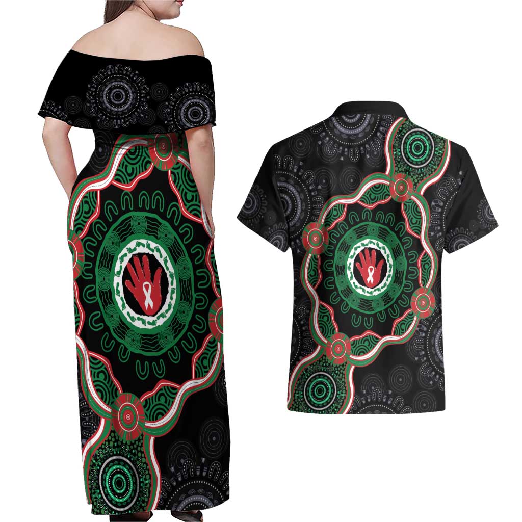 Australia Bowel Cancer Awareness Month Couples Matching Off Shoulder Maxi Dress and Hawaiian Shirt Brave Strong Aboriginal Art