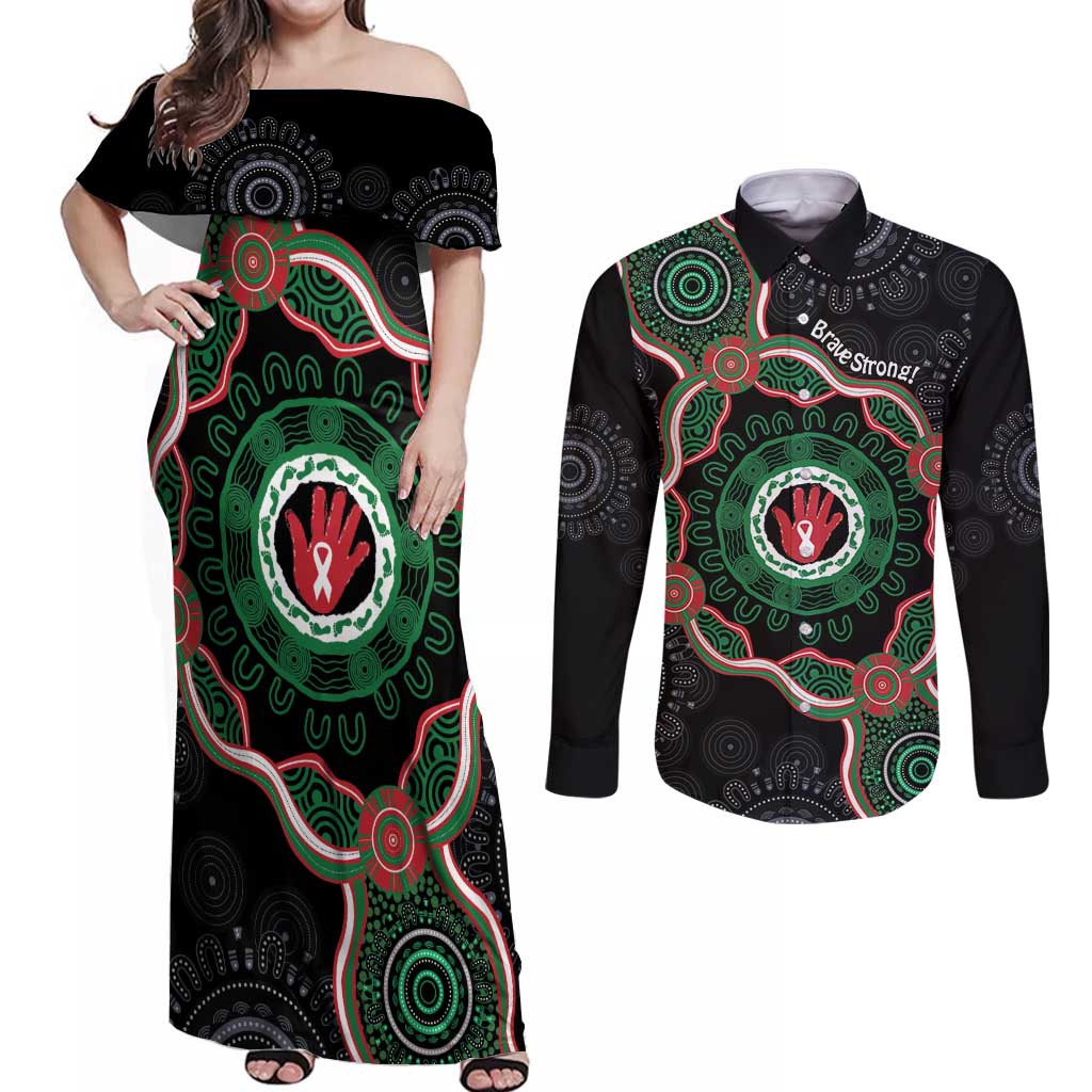 Australia Bowel Cancer Awareness Month Couples Matching Off Shoulder Maxi Dress and Long Sleeve Button Shirt Brave Strong Aboriginal Art