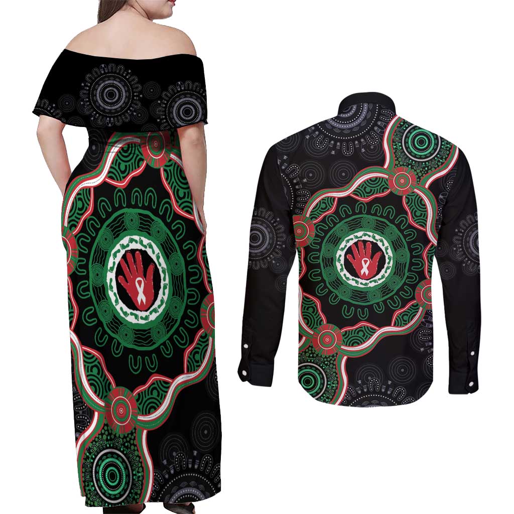 Australia Bowel Cancer Awareness Month Couples Matching Off Shoulder Maxi Dress and Long Sleeve Button Shirt Brave Strong Aboriginal Art