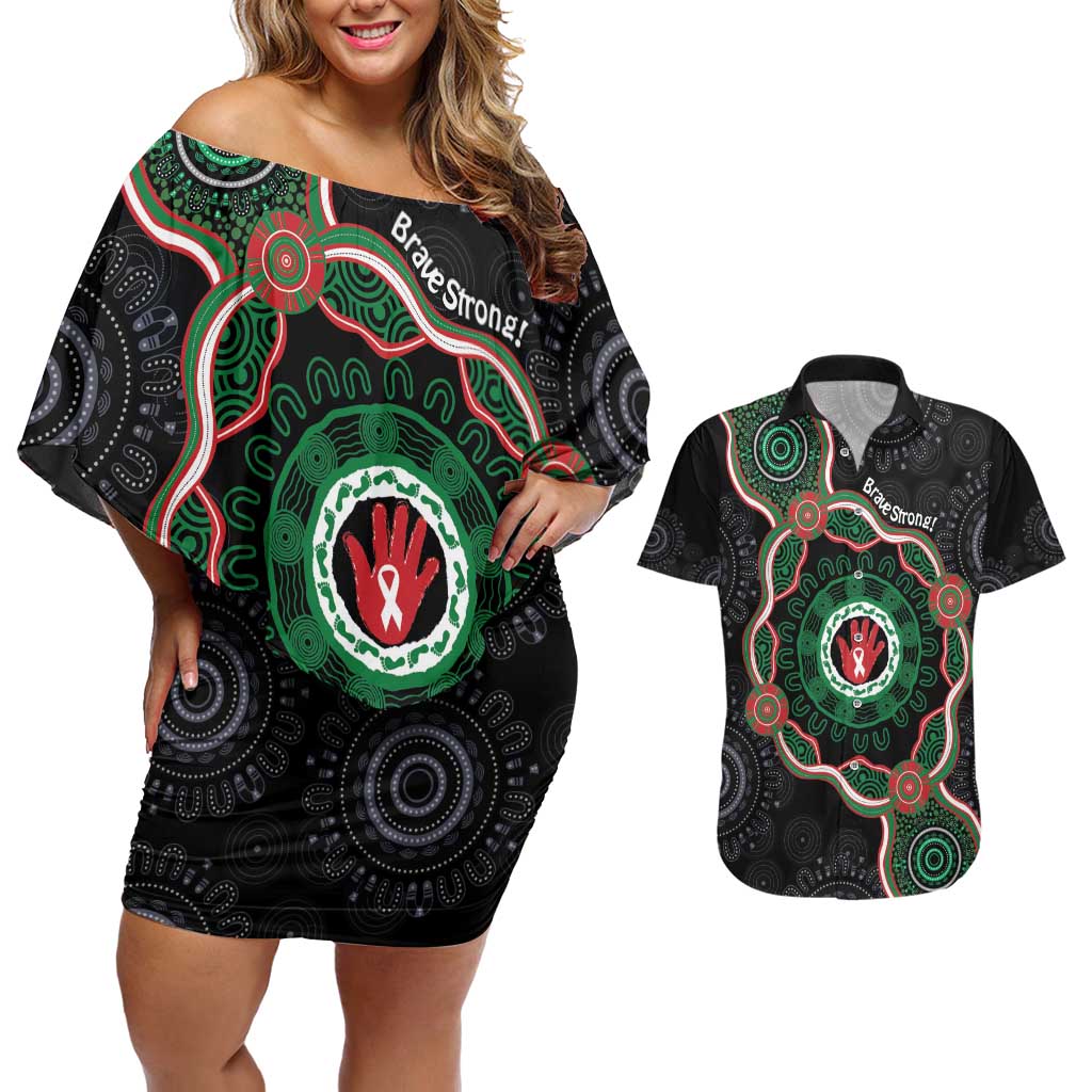Australia Bowel Cancer Awareness Month Couples Matching Off Shoulder Short Dress and Hawaiian Shirt Brave Strong Aboriginal Art