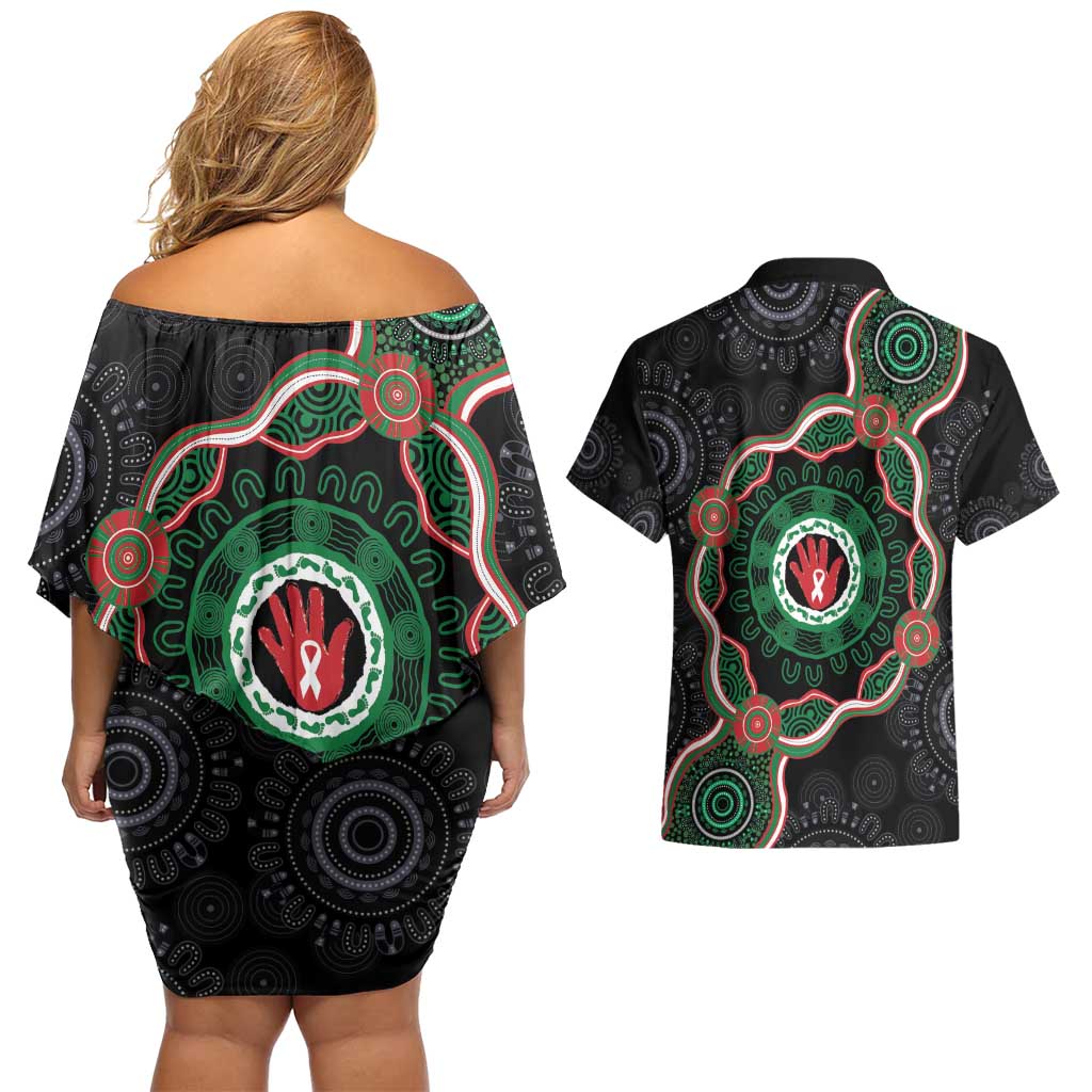 Australia Bowel Cancer Awareness Month Couples Matching Off Shoulder Short Dress and Hawaiian Shirt Brave Strong Aboriginal Art