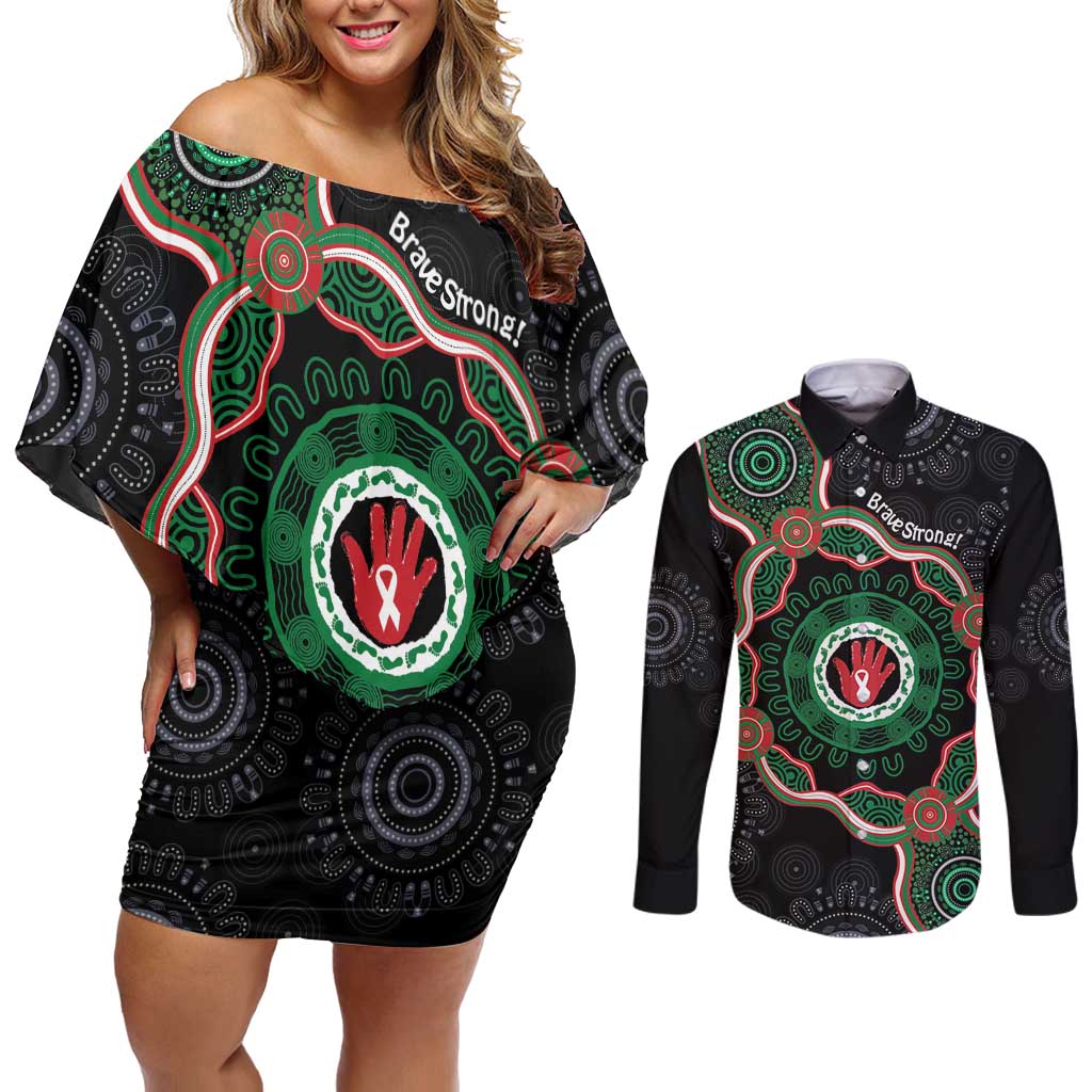 Australia Bowel Cancer Awareness Month Couples Matching Off Shoulder Short Dress and Long Sleeve Button Shirt Brave Strong Aboriginal Art