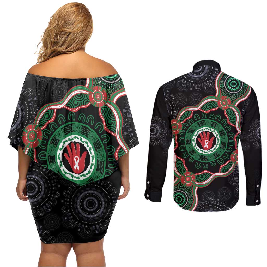 Australia Bowel Cancer Awareness Month Couples Matching Off Shoulder Short Dress and Long Sleeve Button Shirt Brave Strong Aboriginal Art