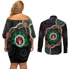 Australia Bowel Cancer Awareness Month Couples Matching Off Shoulder Short Dress and Long Sleeve Button Shirt Brave Strong Aboriginal Art