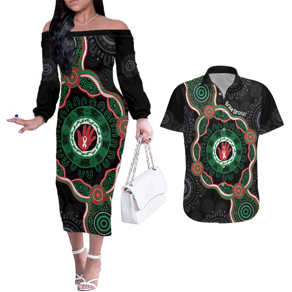 Australia Bowel Cancer Awareness Month Couples Matching Off The Shoulder Long Sleeve Dress and Hawaiian Shirt Brave Strong Aboriginal Art