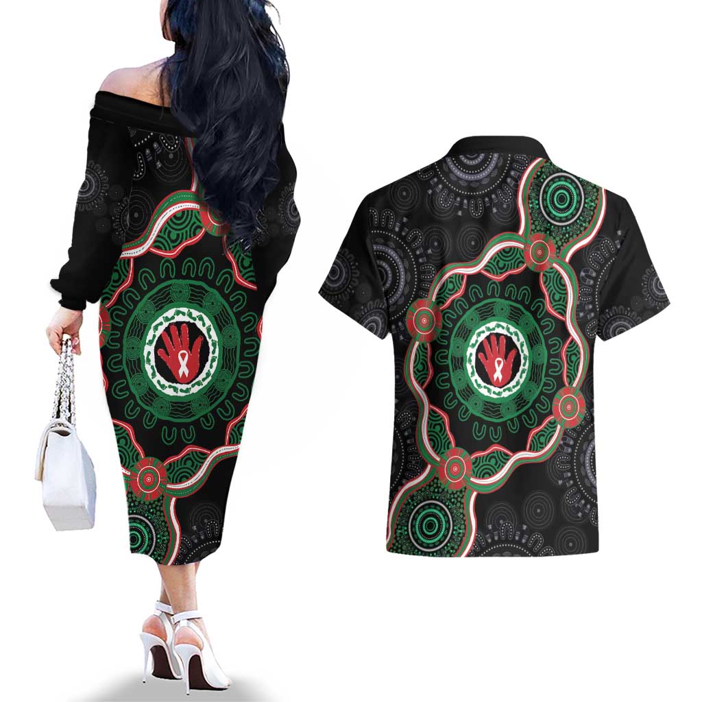 Australia Bowel Cancer Awareness Month Couples Matching Off The Shoulder Long Sleeve Dress and Hawaiian Shirt Brave Strong Aboriginal Art