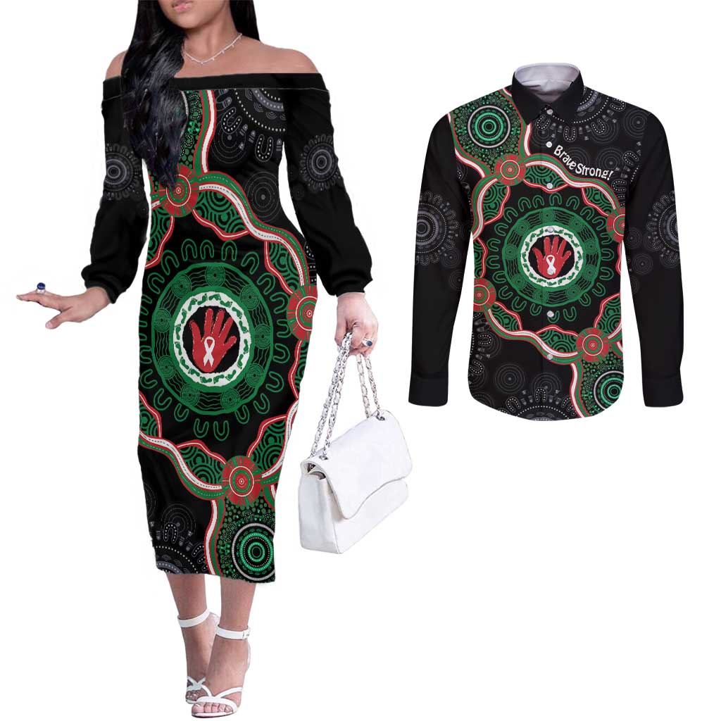 Australia Bowel Cancer Awareness Month Couples Matching Off The Shoulder Long Sleeve Dress and Long Sleeve Button Shirt Brave Strong Aboriginal Art