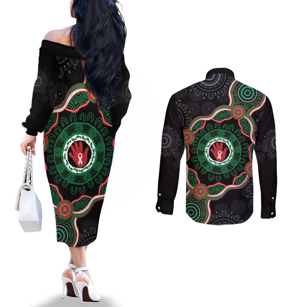 Australia Bowel Cancer Awareness Month Couples Matching Off The Shoulder Long Sleeve Dress and Long Sleeve Button Shirt Brave Strong Aboriginal Art
