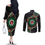 Australia Bowel Cancer Awareness Month Couples Matching Off The Shoulder Long Sleeve Dress and Long Sleeve Button Shirt Brave Strong Aboriginal Art