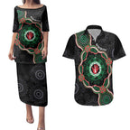 Australia Bowel Cancer Awareness Month Couples Matching Puletasi and Hawaiian Shirt Brave Strong Aboriginal Art