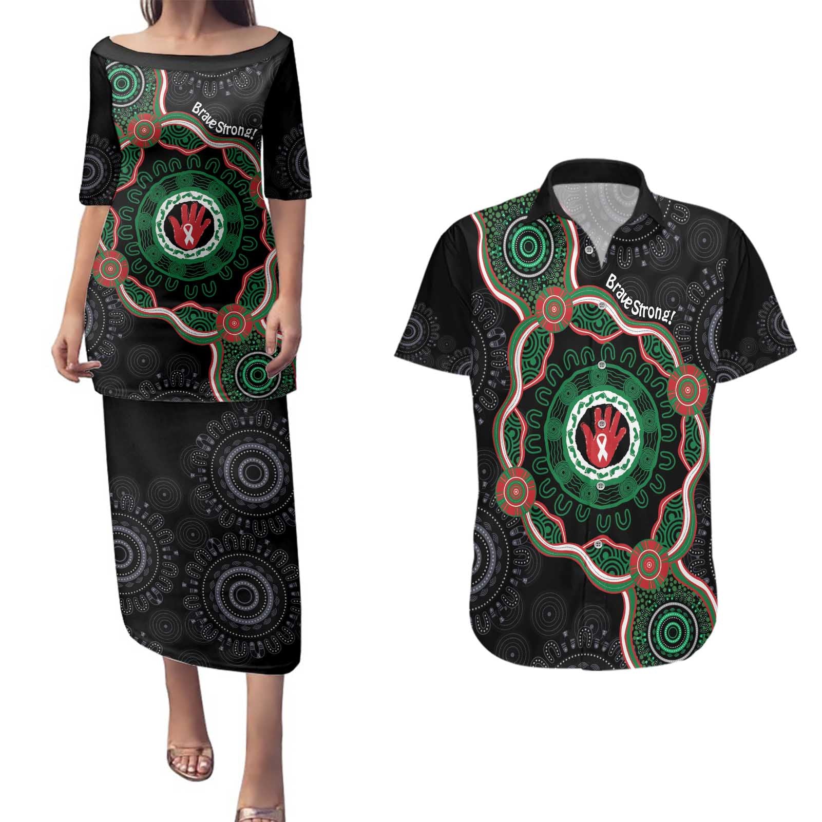Australia Bowel Cancer Awareness Month Couples Matching Puletasi and Hawaiian Shirt Brave Strong Aboriginal Art