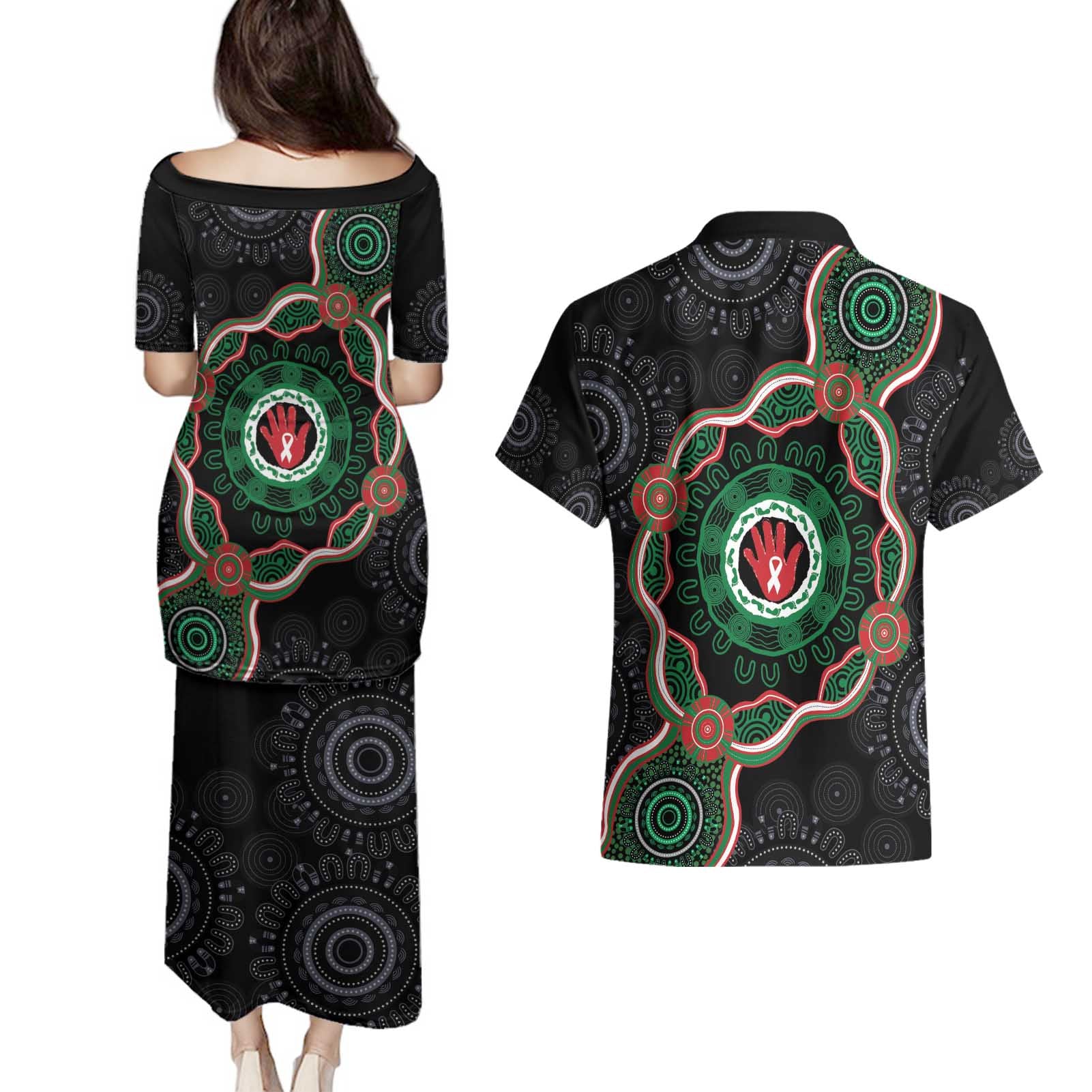 Australia Bowel Cancer Awareness Month Couples Matching Puletasi and Hawaiian Shirt Brave Strong Aboriginal Art