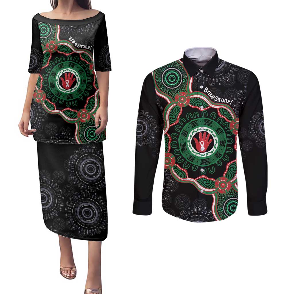 Australia Bowel Cancer Awareness Month Couples Matching Puletasi and Long Sleeve Button Shirt Brave Strong Aboriginal Art