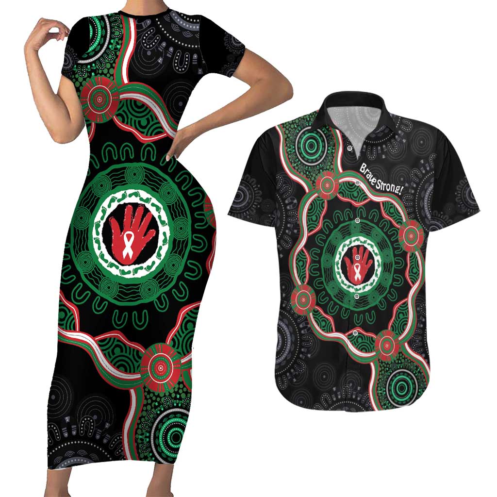 Australia Bowel Cancer Awareness Month Couples Matching Short Sleeve Bodycon Dress and Hawaiian Shirt Brave Strong Aboriginal Art