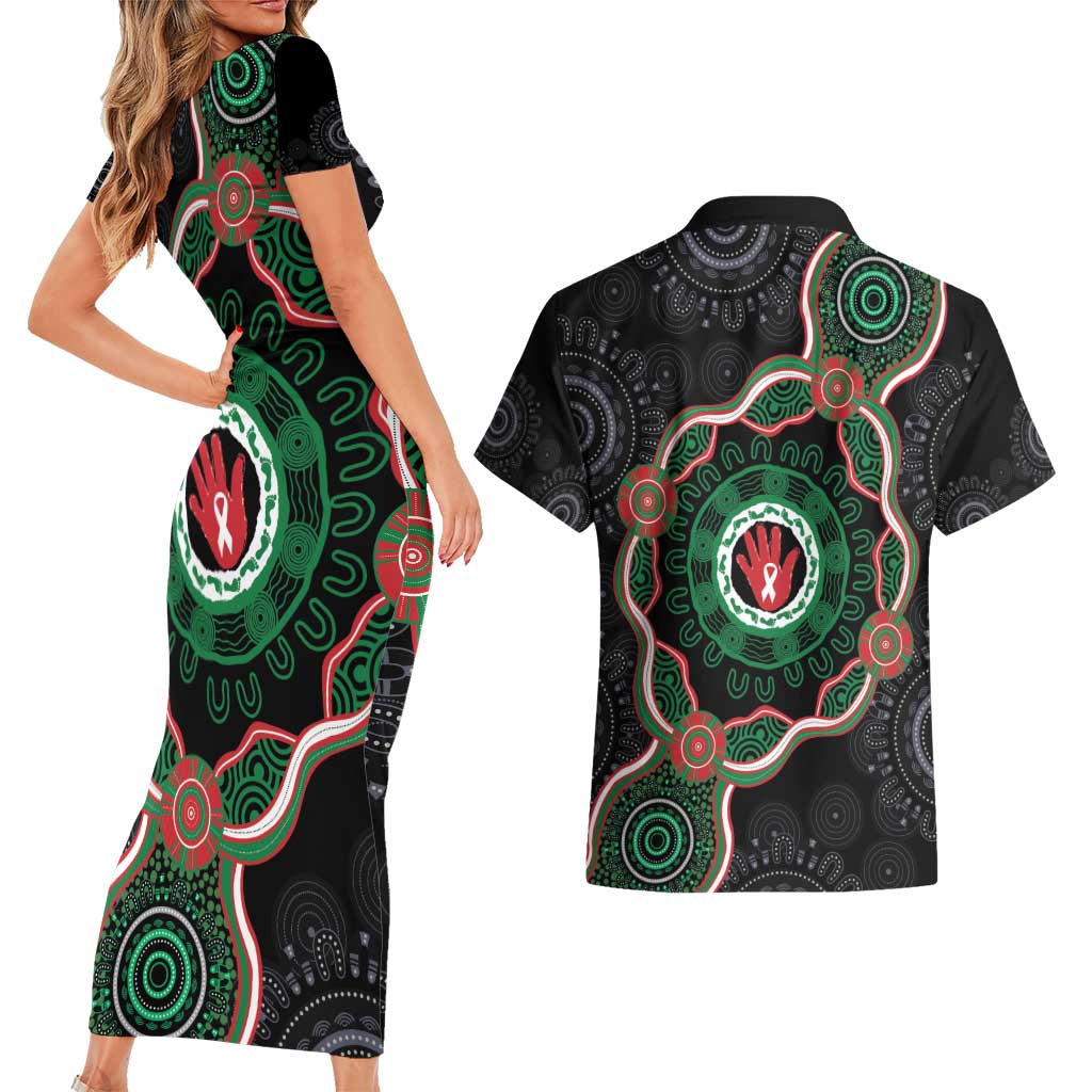 Australia Bowel Cancer Awareness Month Couples Matching Short Sleeve Bodycon Dress and Hawaiian Shirt Brave Strong Aboriginal Art