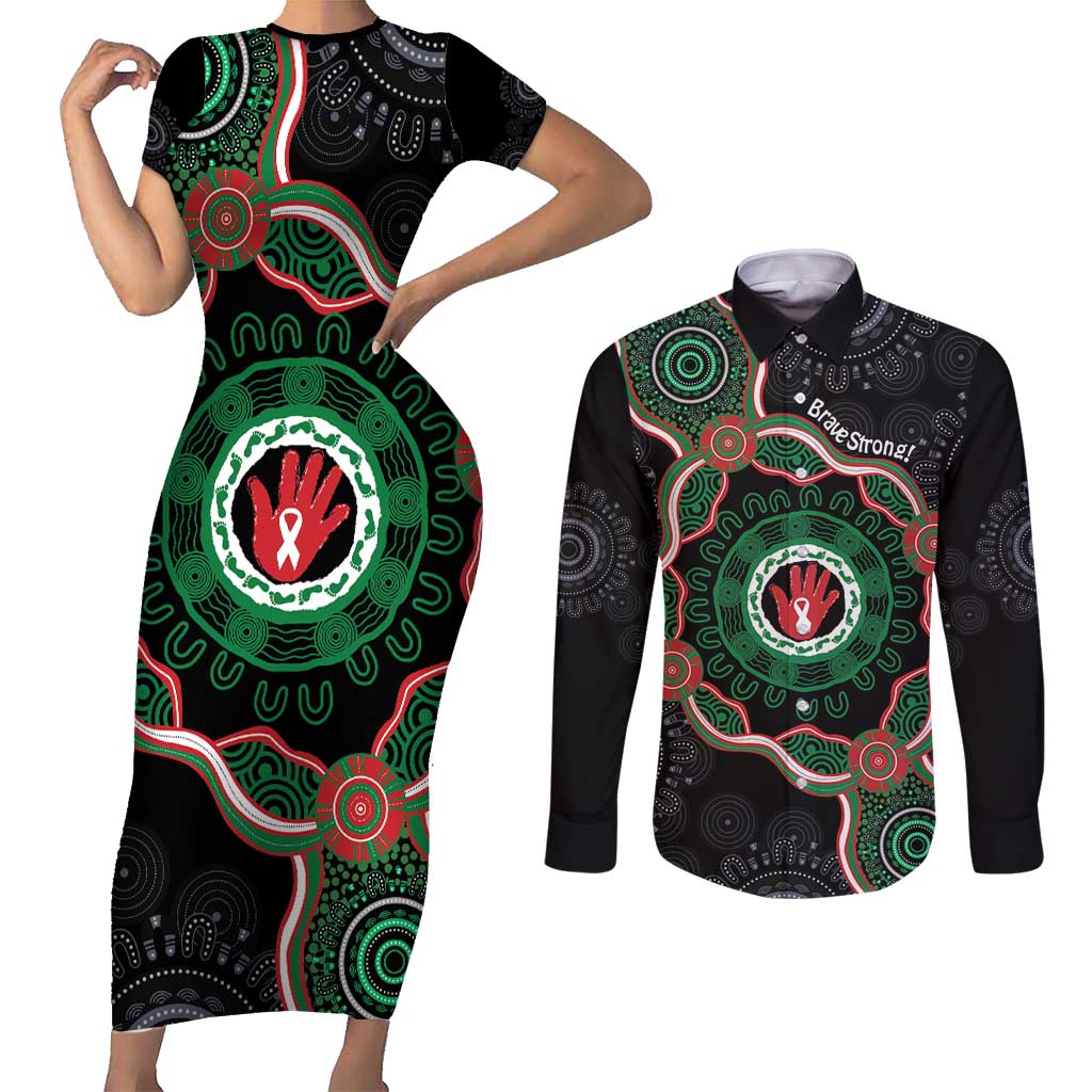 Australia Bowel Cancer Awareness Month Couples Matching Short Sleeve Bodycon Dress and Long Sleeve Button Shirt Brave Strong Aboriginal Art