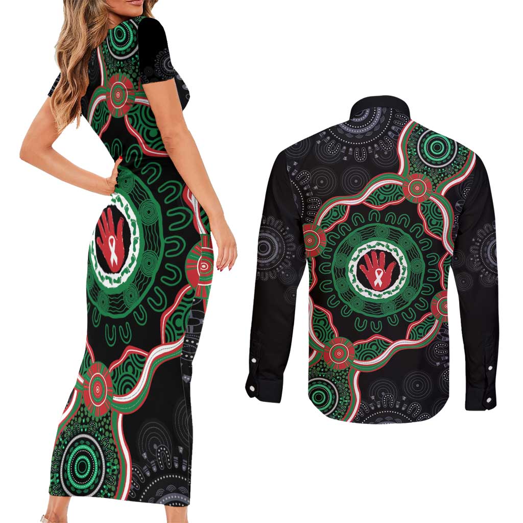 Australia Bowel Cancer Awareness Month Couples Matching Short Sleeve Bodycon Dress and Long Sleeve Button Shirt Brave Strong Aboriginal Art