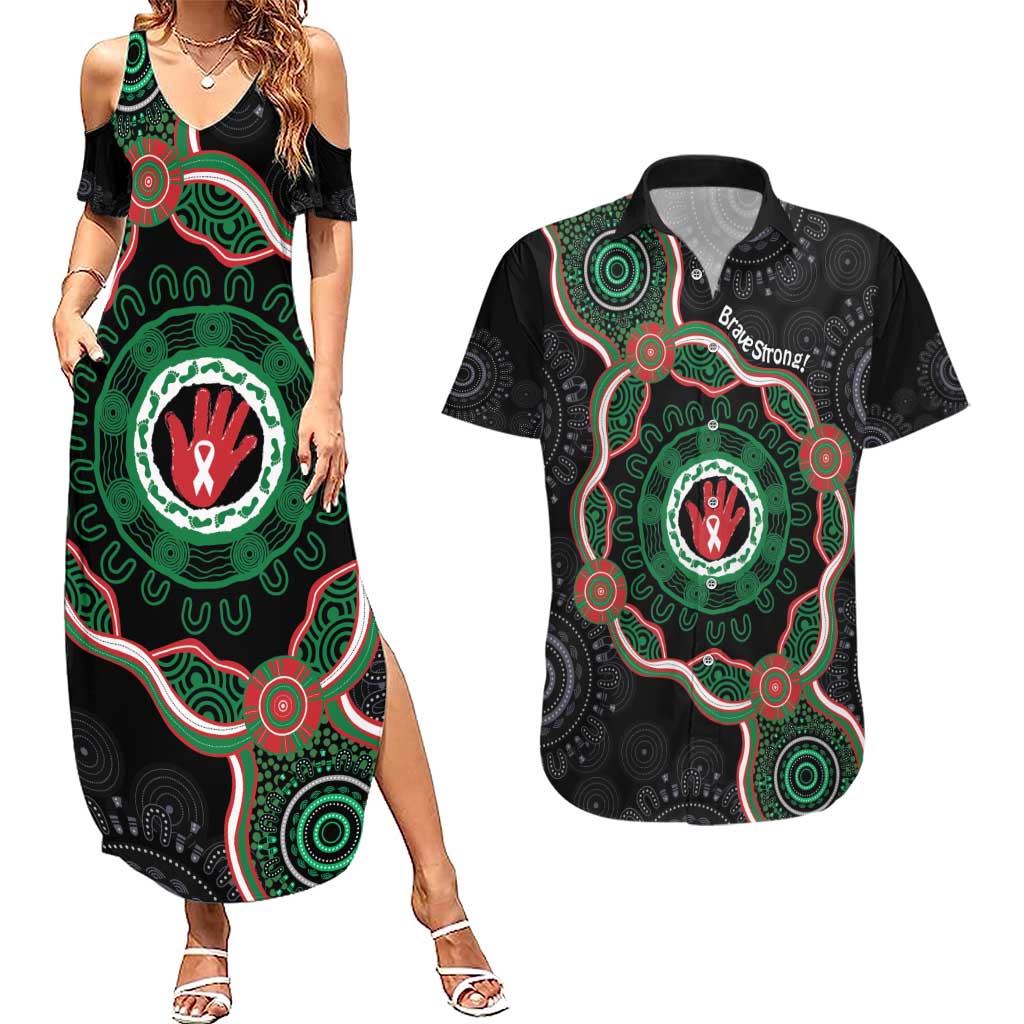 Australia Bowel Cancer Awareness Month Couples Matching Summer Maxi Dress and Hawaiian Shirt Brave Strong Aboriginal Art