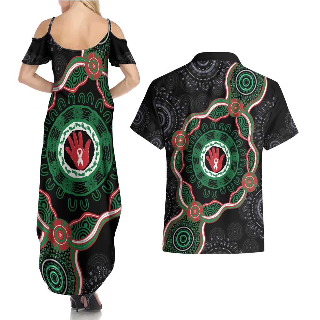 Australia Bowel Cancer Awareness Month Couples Matching Summer Maxi Dress and Hawaiian Shirt Brave Strong Aboriginal Art