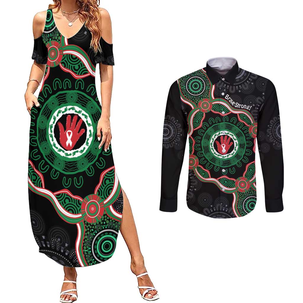 Australia Bowel Cancer Awareness Month Couples Matching Summer Maxi Dress and Long Sleeve Button Shirt Brave Strong Aboriginal Art