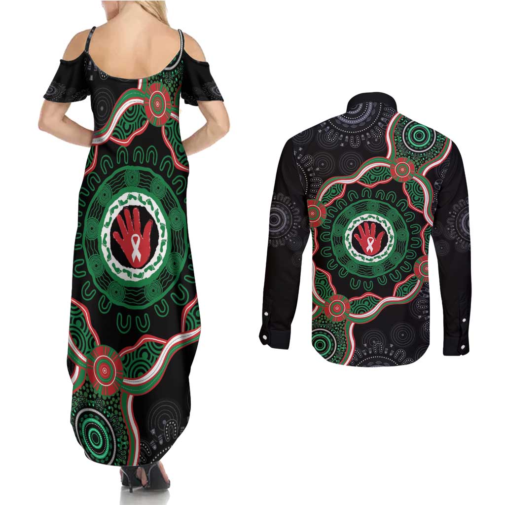 Australia Bowel Cancer Awareness Month Couples Matching Summer Maxi Dress and Long Sleeve Button Shirt Brave Strong Aboriginal Art