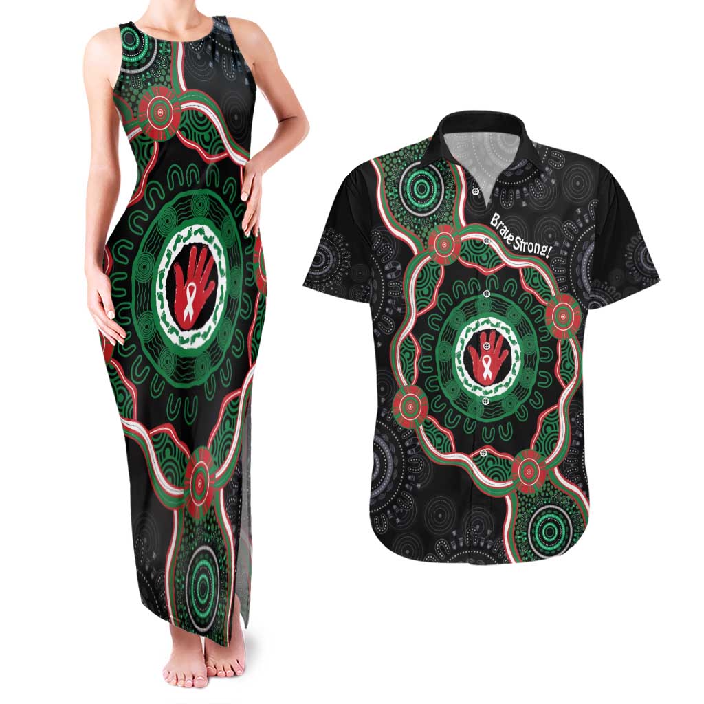 Australia Bowel Cancer Awareness Month Couples Matching Tank Maxi Dress and Hawaiian Shirt Brave Strong Aboriginal Art