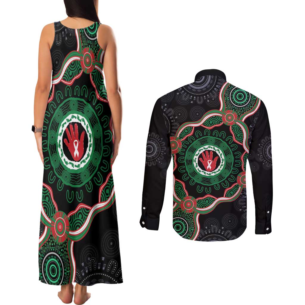 Australia Bowel Cancer Awareness Month Couples Matching Tank Maxi Dress and Long Sleeve Button Shirt Brave Strong Aboriginal Art