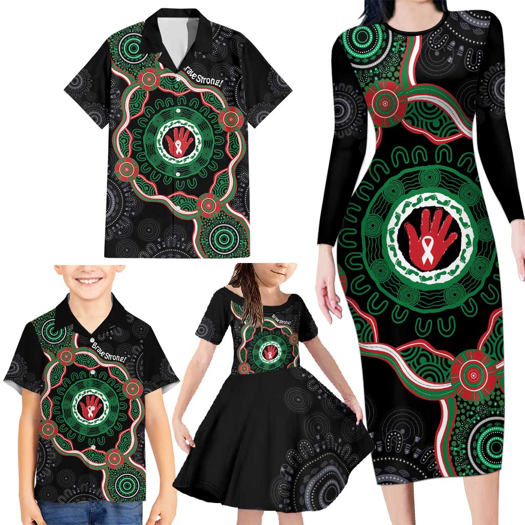Australia Bowel Cancer Awareness Month Family Matching Long Sleeve Bodycon Dress and Hawaiian Shirt Brave Strong Aboriginal Art