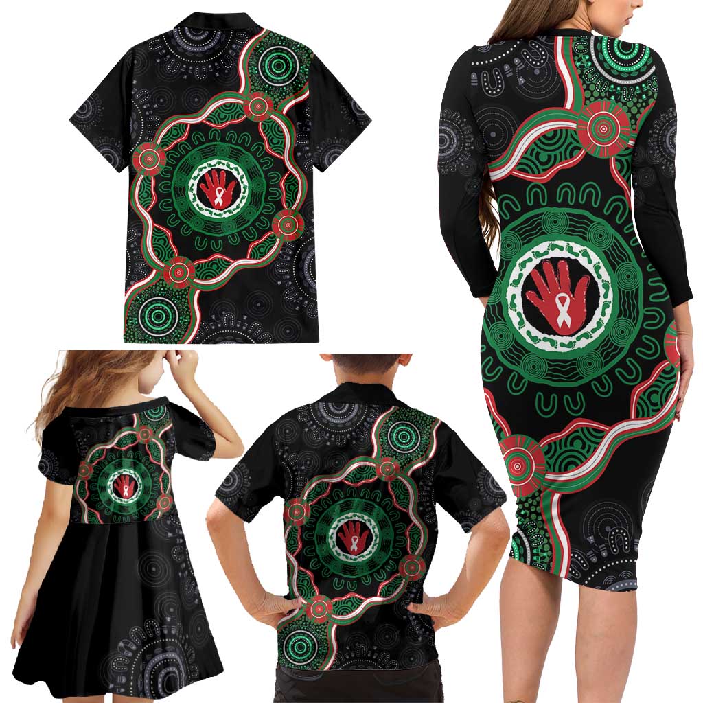 Australia Bowel Cancer Awareness Month Family Matching Long Sleeve Bodycon Dress and Hawaiian Shirt Brave Strong Aboriginal Art