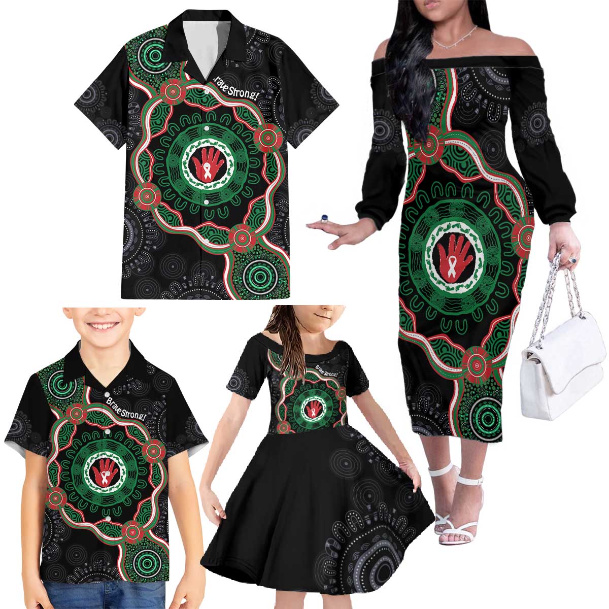 Australia Bowel Cancer Awareness Month Family Matching Off The Shoulder Long Sleeve Dress and Hawaiian Shirt Brave Strong Aboriginal Art