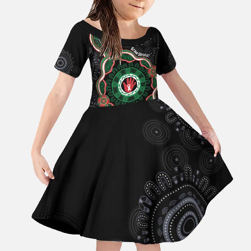 Australia Bowel Cancer Awareness Month Family Matching Off The Shoulder Long Sleeve Dress and Hawaiian Shirt Brave Strong Aboriginal Art