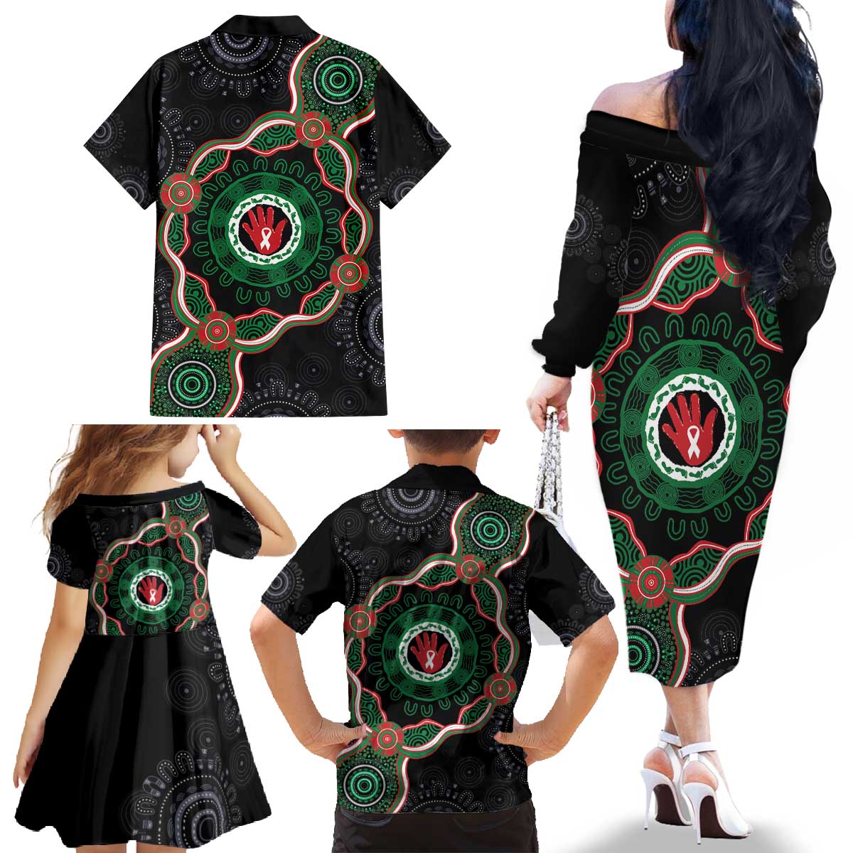 Australia Bowel Cancer Awareness Month Family Matching Off The Shoulder Long Sleeve Dress and Hawaiian Shirt Brave Strong Aboriginal Art