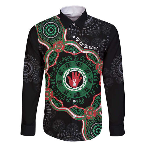 Australia Bowel Cancer Awareness Month Family Matching Off The Shoulder Long Sleeve Dress and Hawaiian Shirt Brave Strong Aboriginal Art