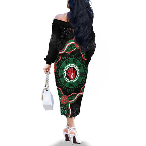 Australia Bowel Cancer Awareness Month Family Matching Off The Shoulder Long Sleeve Dress and Hawaiian Shirt Brave Strong Aboriginal Art