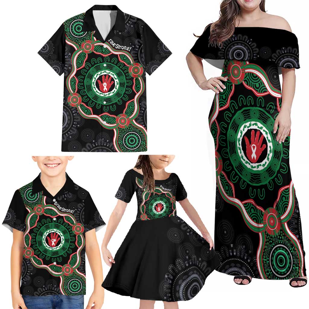 Australia Bowel Cancer Awareness Month Family Matching Off Shoulder Maxi Dress and Hawaiian Shirt Brave Strong Aboriginal Art