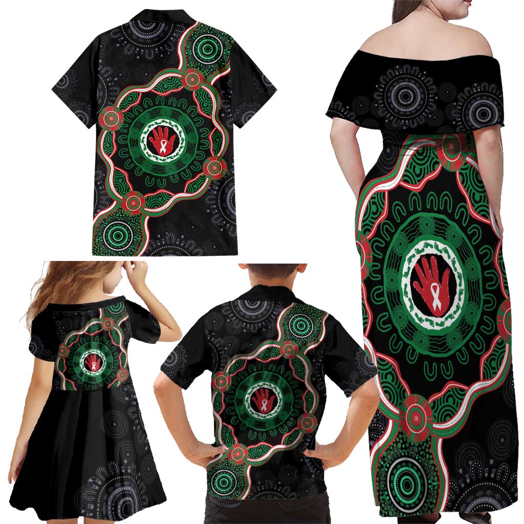 Australia Bowel Cancer Awareness Month Family Matching Off Shoulder Maxi Dress and Hawaiian Shirt Brave Strong Aboriginal Art