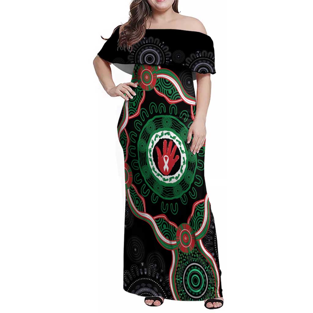 Australia Bowel Cancer Awareness Month Family Matching Off Shoulder Maxi Dress and Hawaiian Shirt Brave Strong Aboriginal Art