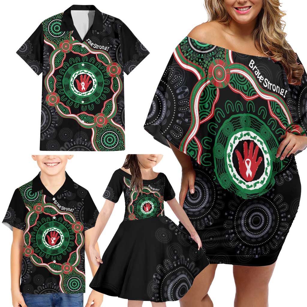 Australia Bowel Cancer Awareness Month Family Matching Off Shoulder Short Dress and Hawaiian Shirt Brave Strong Aboriginal Art