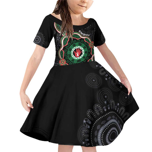 Australia Bowel Cancer Awareness Month Family Matching Off Shoulder Short Dress and Hawaiian Shirt Brave Strong Aboriginal Art