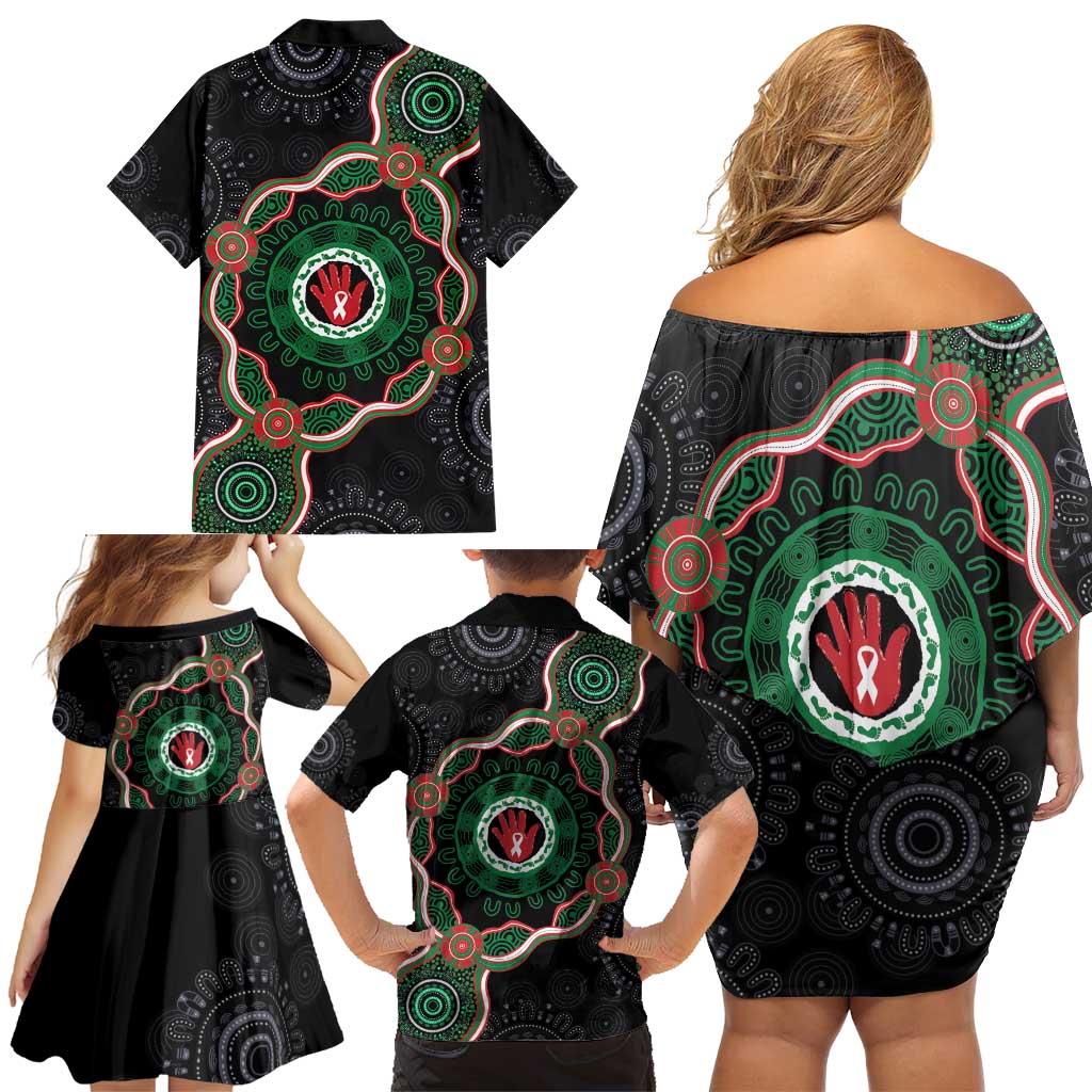 Australia Bowel Cancer Awareness Month Family Matching Off Shoulder Short Dress and Hawaiian Shirt Brave Strong Aboriginal Art